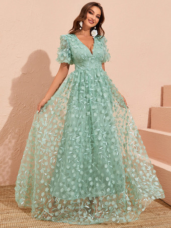 Partykleider Hellgrünes halbformelles Kleid mit V-Ausschnitt Stickereien und kurzen Ärmeln
