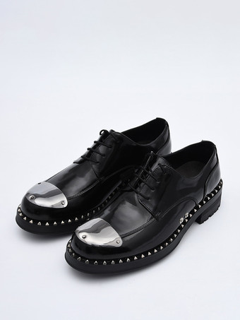 PUブラックメンズ ドレス ダービーシューズ ラウンドトゥ メタル装飾 厚底 リベット プロム ウェディングシューズ