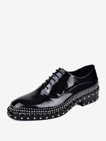 PUブラックオックスフォードシューズ メンズ 高級 高品質 フルカウハイド ハンドメイド リベット 紳士 本革 ブラック ビジネス ドレス ウェディング