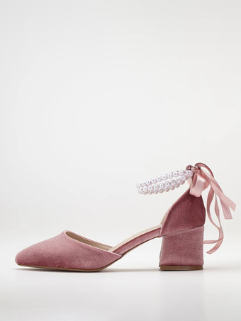 肌ピンク ウェディングシューズ ブライズメイドシューズ スエードレザー ポインテッドトゥ パール