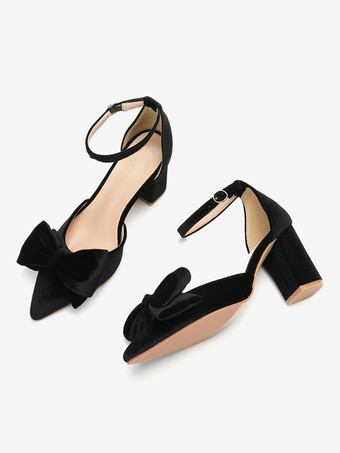 レディース ウェディング ファッション リボン ポインテッドトゥ ヒール パンプス チャンキーヒール ベロア