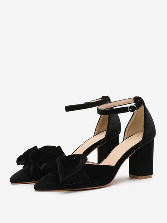 ブラック レディース ウェディング ファッション リボン ポインテッドトゥ ヒール パンプス チャンキーヒール ベロア