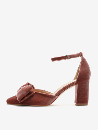 レディース ウェディング ファッション リボン ポインテッドトゥ ヒール パンプス チャンキーヒール ベロア