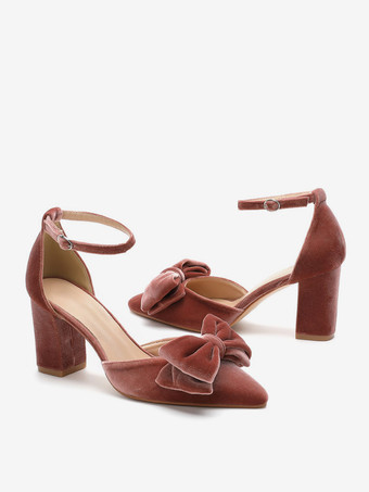 レディース ウェディング ファッション リボン ポインテッドトゥ ヒール パンプス チャンキーヒール ベロア