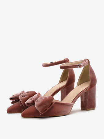 肌ピンク レディース ウェディング ファッション リボン ポインテッドトゥ ヒール パンプス チャンキーヒール ベロア