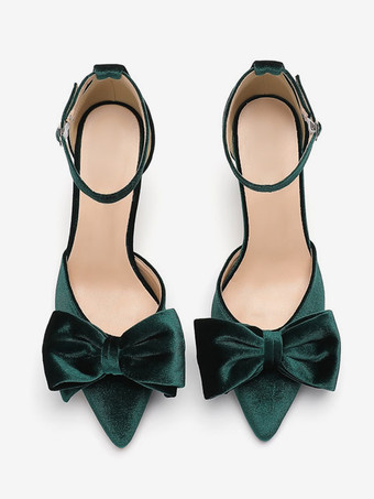 レディース ウェディング ファッション リボン ポインテッドトゥ ヒール パンプス チャンキーヒール ベロア