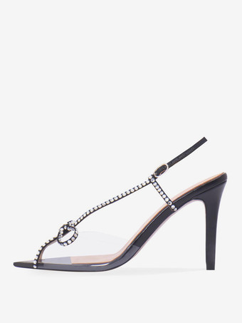 PU BlackHigh Heel Party Shoes Rhinestones Bow Slingback Stiletto Heel Sandals