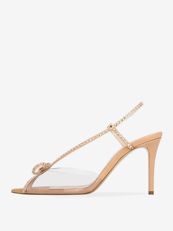 NudeHigh Heel Party Shoes Rhinestones Bow Slingback Stiletto Heel Sandals