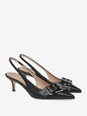 Décolleté con tacco a gattino dettaglio fibbia punta affilata cinturino posteriore