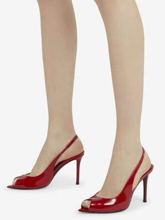 レッド ピープトゥ ハイヒール レディース スリングバック スティレットヒール パンプス