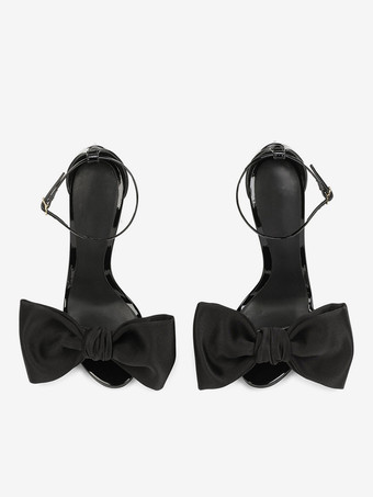 ブラック リボン パーティーシューズ レディース ラウンドトゥ アンクルストラップ サンダル