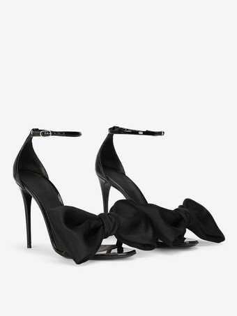 ブラック リボン パーティーシューズ レディース ラウンドトゥ アンクルストラップ サンダル