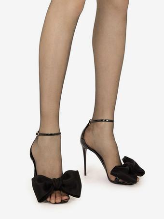 ブラック リボン パーティーシューズ レディース ラウンドトゥ アンクルストラップ サンダル