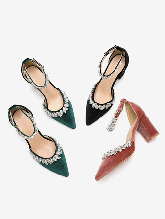 レディース ウェディング シックヒール パンプス チェーン ポインテッドトゥ チャンキーヒール ベロア