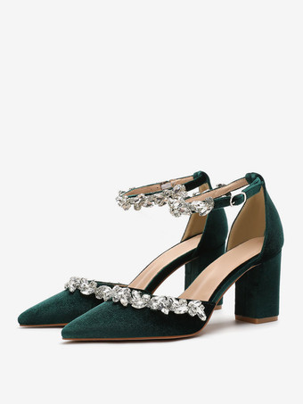 レディース ウェディング シックヒール パンプス チェーン ポインテッドトゥ チャンキーヒール ベロア