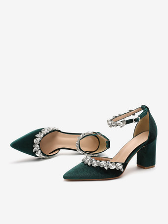 レディース ウェディング シックヒール パンプス チェーン ポインテッドトゥ チャンキーヒール ベロア