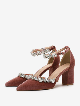 肌ピンク レディース ウェディング シックヒール パンプス チェーン ポインテッドトゥ チャンキーヒール ベロア