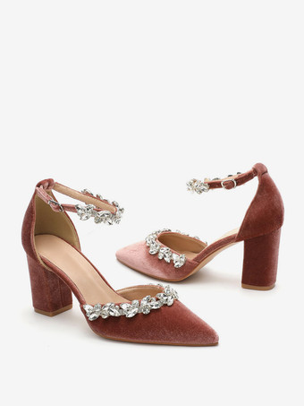 レディース ウェディング シックヒール パンプス チェーン ポインテッドトゥ チャンキーヒール ベロア