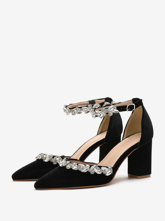 ブラック レディース ウェディング シックヒール パンプス チェーン ポインテッドトゥ チャンキーヒール ベロア