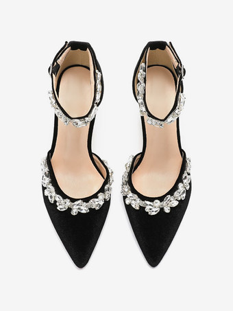 レディース ウェディング シックヒール パンプス チェーン ポインテッドトゥ チャンキーヒール ベロア