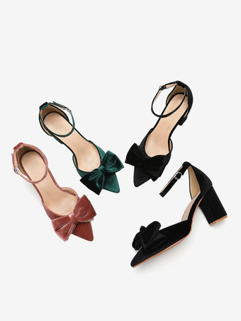 レディース ウェディング ファッション リボン ポインテッドトゥ ヒール パンプス チャンキーヒール ベロア