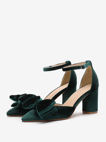 グリーン レディース ウェディング ファッション リボン ポインテッドトゥ ヒール パンプス チャンキーヒール ベロア