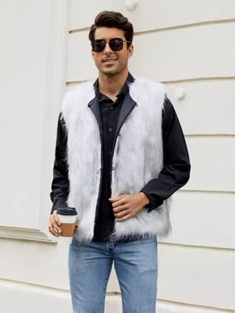 ホワイト メンズ フェイクファーベスト 冬 暖かい ノースリーブ ジャケット
