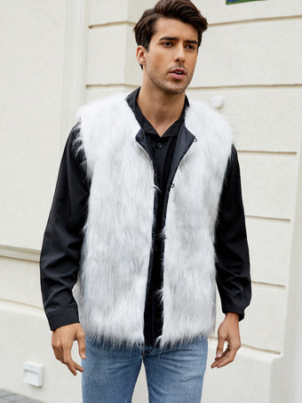 ホワイト メンズ フェイクファーベスト 冬 暖かい ノースリーブ ジャケット