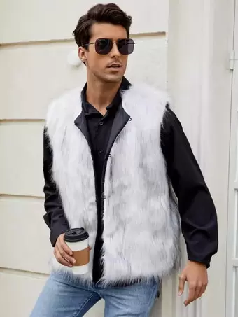 White Men s Faux Fur Vest Winter Warm Sleeveless Jacket