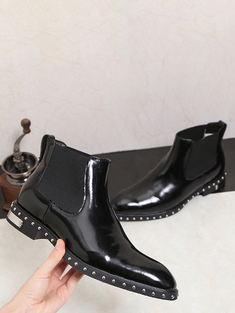 Men's Boots Chelsea Boots Black Cowhide Round Toe Rivets Ankle Short Prom Boots