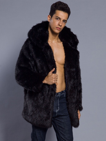 ブラック フード付きメンズフェイクファーコートダークブラウン長袖ジャケット、ターンダウンカラー付き