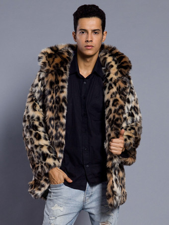 ブラウン フード付きメンズフェイクファーコートダークブラウン長袖ジャケット、ターンダウンカラー付き