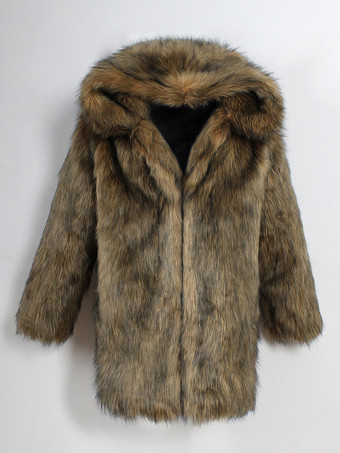 フード付きメンズフェイクファーコートダークブラウン長袖ジャケット、ターンダウンカラー付き