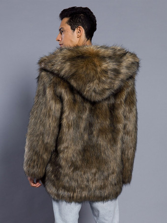 フード付きメンズフェイクファーコートダークブラウン長袖ジャケット、ターンダウンカラー付き