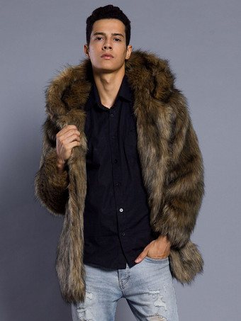 フード付きメンズフェイクファーコートダークブラウン長袖ジャケット、ターンダウンカラー付き