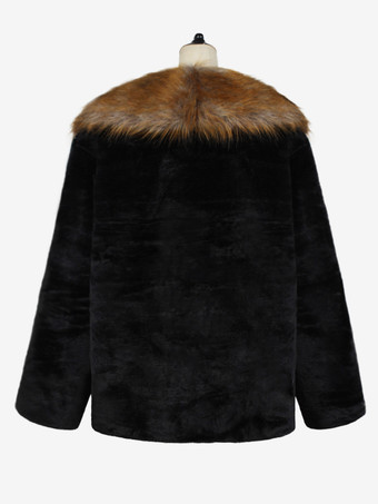 ブラック メンズ フェイクファーコート 冬用 暖かい 長袖 ジャケット ターンダウンカラー付き 厚手