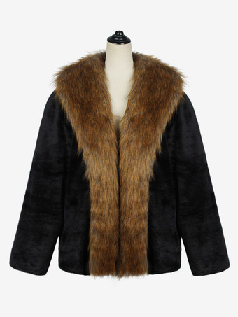 ブラック メンズ フェイクファーコート 冬用 暖かい 長袖 ジャケット ターンダウンカラー付き 厚手