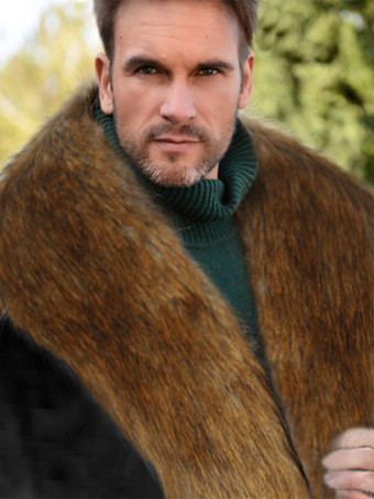 ブラック メンズ フェイクファーコート 冬用 暖かい 長袖 ジャケット ターンダウンカラー付き 厚手