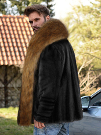 ブラック メンズ フェイクファーコート 冬用 暖かい 長袖 ジャケット ターンダウンカラー付き 厚手