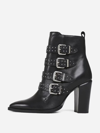negro Botines negros con hebilla y punta puntiaguda y tacón de cachorro para mujer