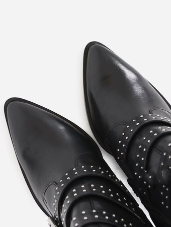 Botines negros con hebilla y punta puntiaguda y tacón de cachorro para mujer