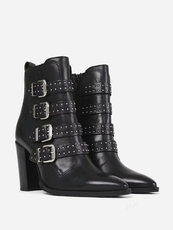 Botines negros con hebilla y punta puntiaguda y tacón de cachorro para mujer