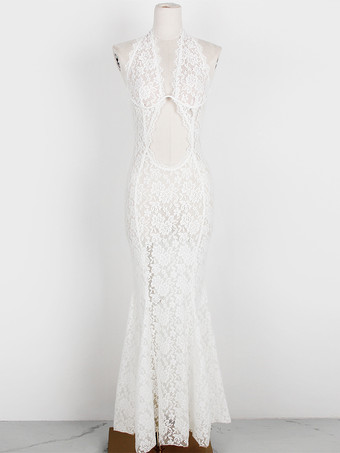 レース バックレス レース セクシー Vネック ノースリーブ レース ドレス