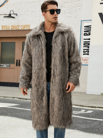 亜麻色マキシ メンズ フェイクファーコート 長袖 ライトグレー ジャケット ターンダウンカラー付き