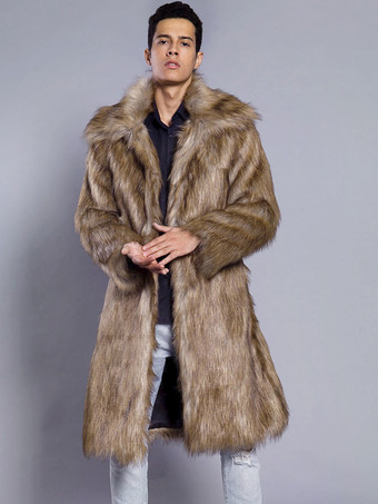 ブラウン マキシ メンズ フェイクファーコート 長袖 ライトグレー ジャケット ターンダウンカラー付き