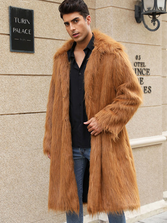 オレンジ マキシ メンズ フェイクファーコート 長袖 ライトグレー ジャケット ターンダウンカラー付き