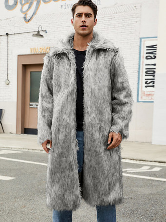 ライトグレーマキシ メンズ フェイクファーコート 長袖 ライトグレー ジャケット ターンダウンカラー付き