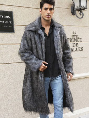 グレイマキシ メンズ フェイクファーコート 長袖 ライトグレー ジャケット ターンダウンカラー付き