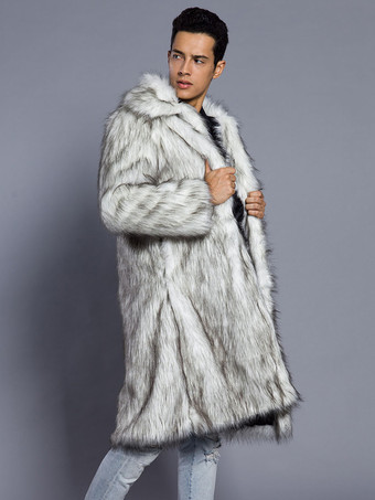 マキシ メンズ フェイクファーコート 長袖 ライトグレー ジャケット ターンダウンカラー付き
