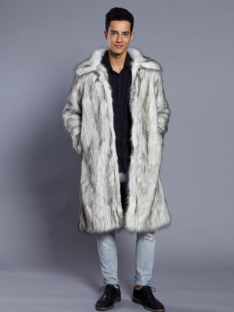 マキシ メンズ フェイクファーコート 長袖 ライトグレー ジャケット ターンダウンカラー付き